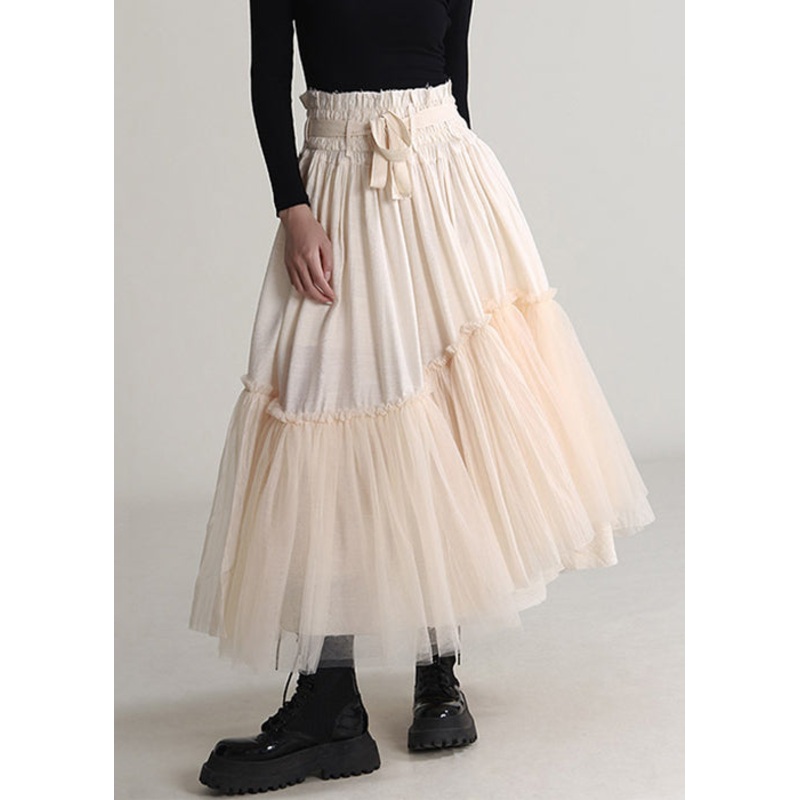 Art Apricot Ruffled Lace Up Tulle Patchwork Skirts Spring