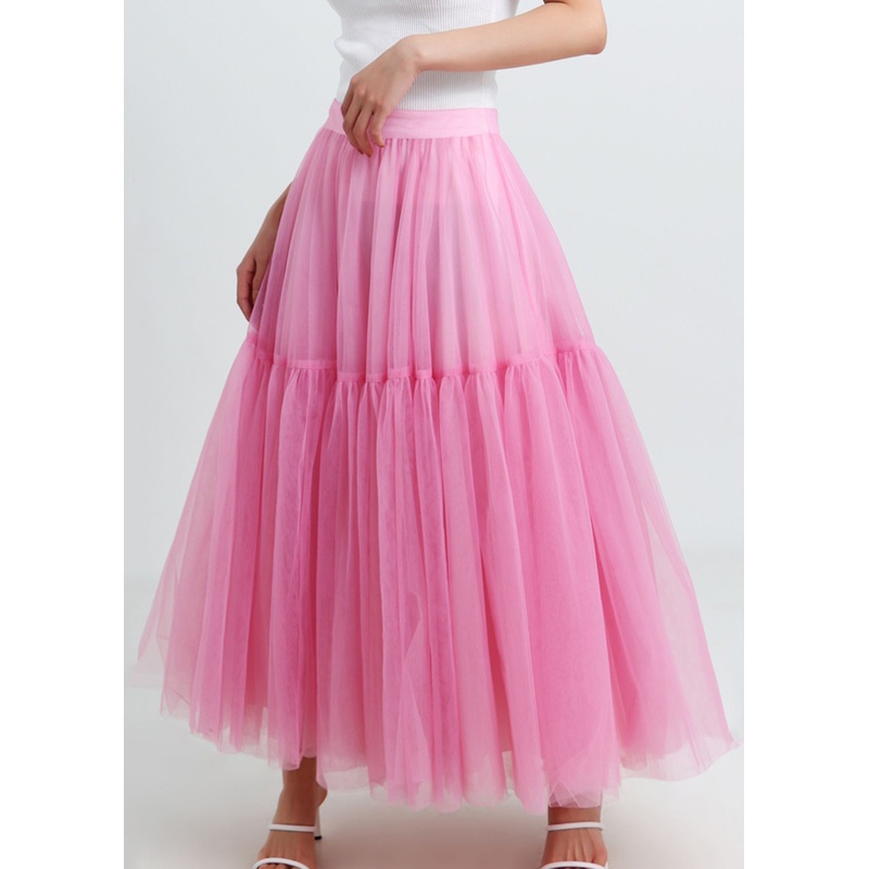 Beautiful Pink High Waist Patchwork Tulle Pleated Skirt Summer