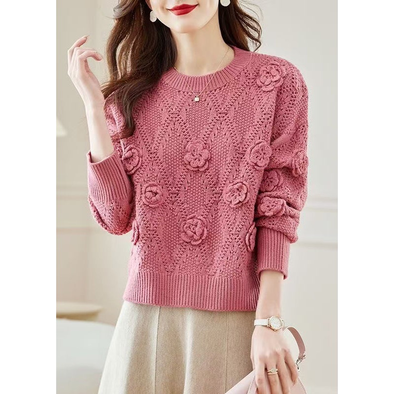 Beautiful Pink O Neck Hollow Out Floral Knit Sweater Spring