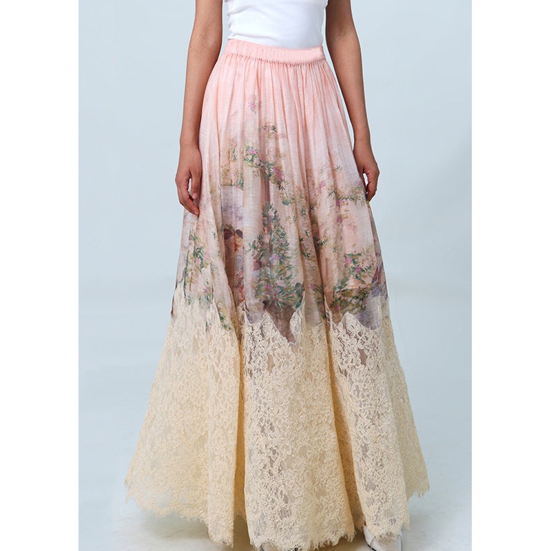 Beautiful Pink Print Wrinkled Patchwork Lace Skirts Spring