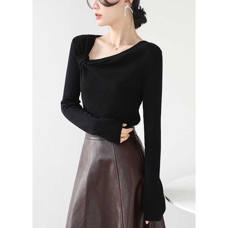Black Knit Top Asymmetrical Wrinkled Slash Neck Spring
