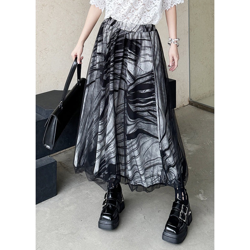 Black Print Tulle Patchwork Summer Skirts Elastic Waist