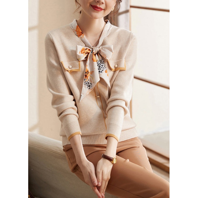 Boutique Beige Bow Patchwork Knit Sweaters Spring