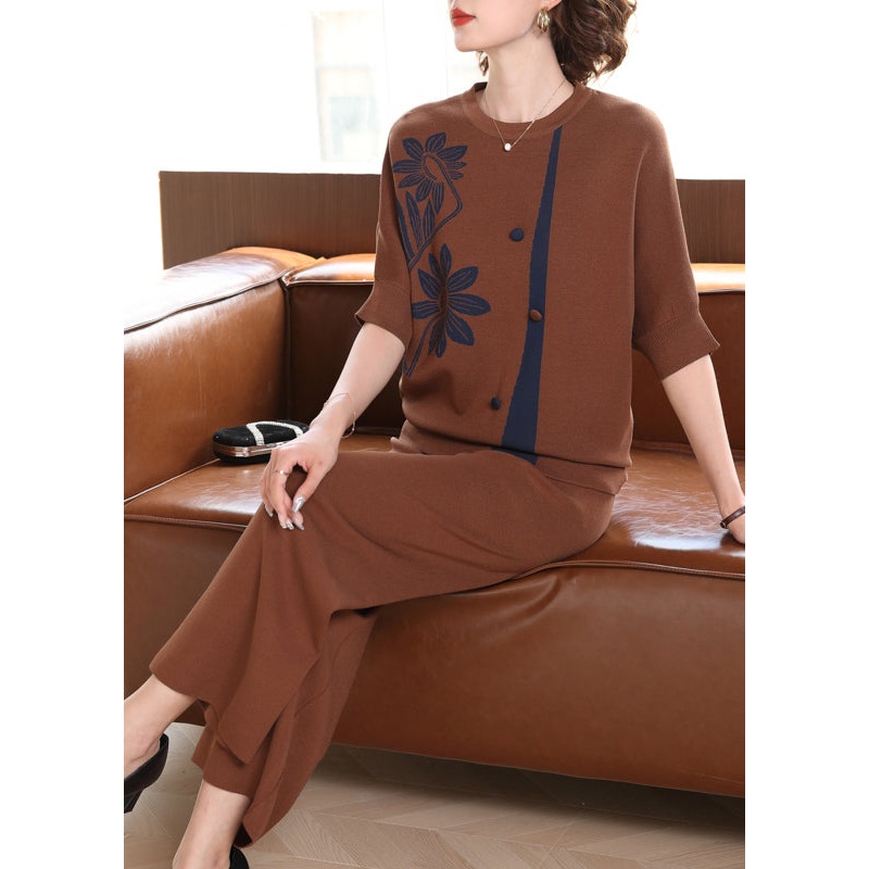 Boutique Camel O Neck Floral Knit Two Pieces Set Spring
