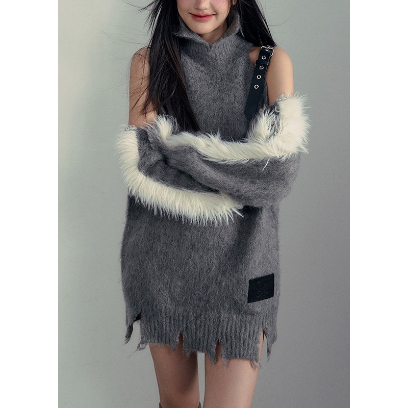 Boutique Grey Cold Shoulder Patchwork Woolen Sweaters Spring