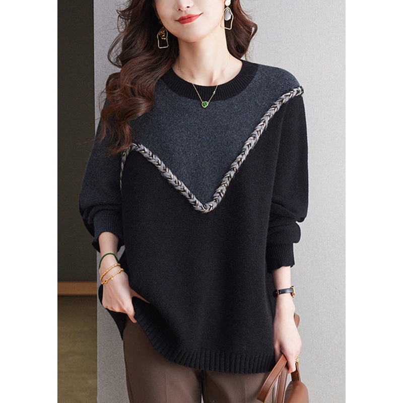 Casual Black O Neck Patchwork Woolen Knit Sweaters Spring