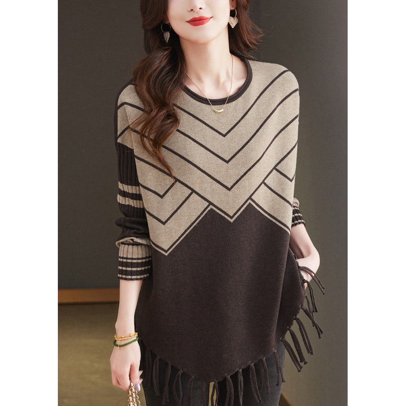 Casual Coffee O Neck Tassel Woolen Sweater Tops Spring