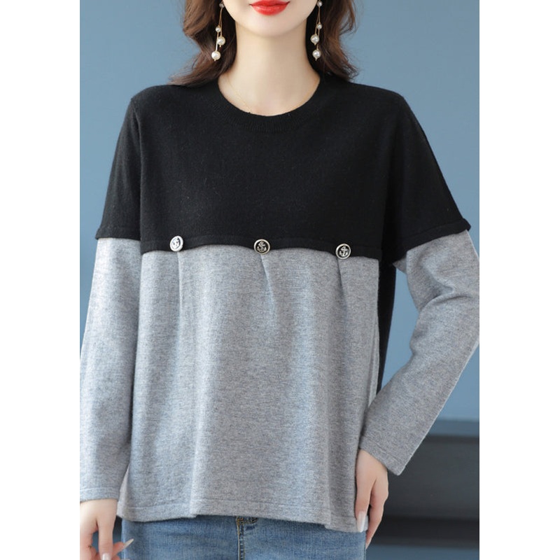 Casual Grey O Neck Patchwork Knit Sweater Spring