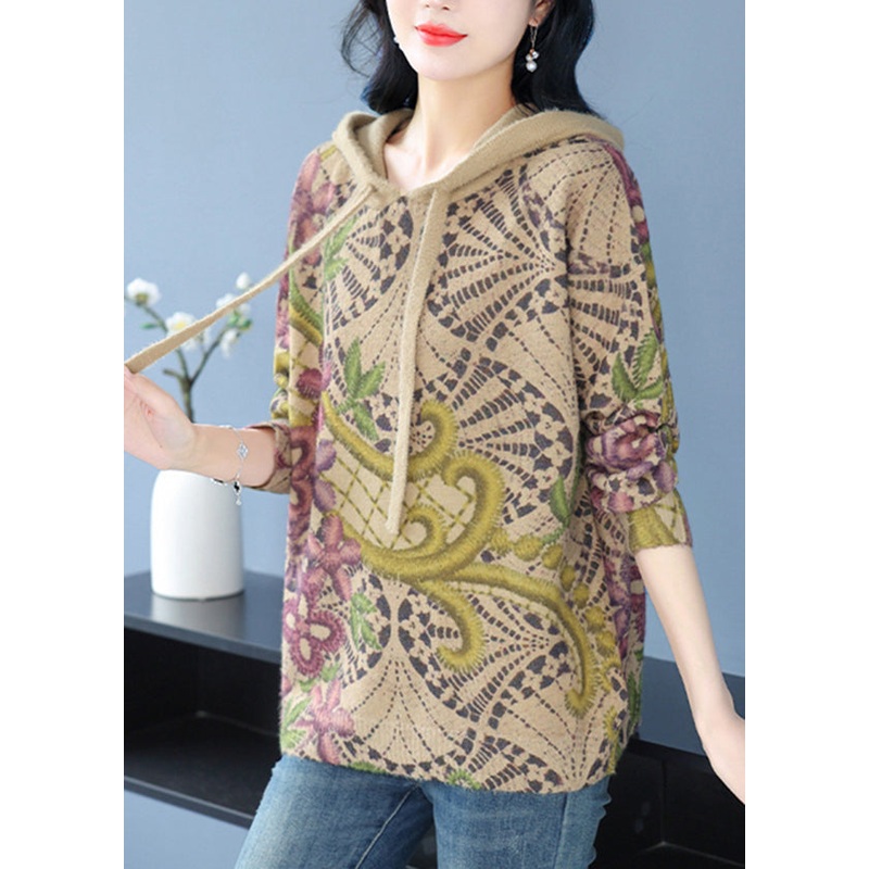 Casual Khaki Hooded Print Woolen Knit Pullover Spring