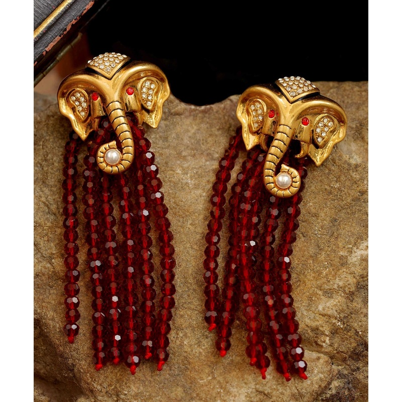 Casual Red Copper 14K Gold Elephant Pearl Tassel Drop Earrings