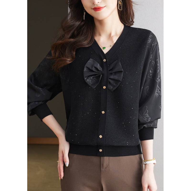 Chic Black V Neck Bow Silk Patchwork Knit Shirt Top Spring