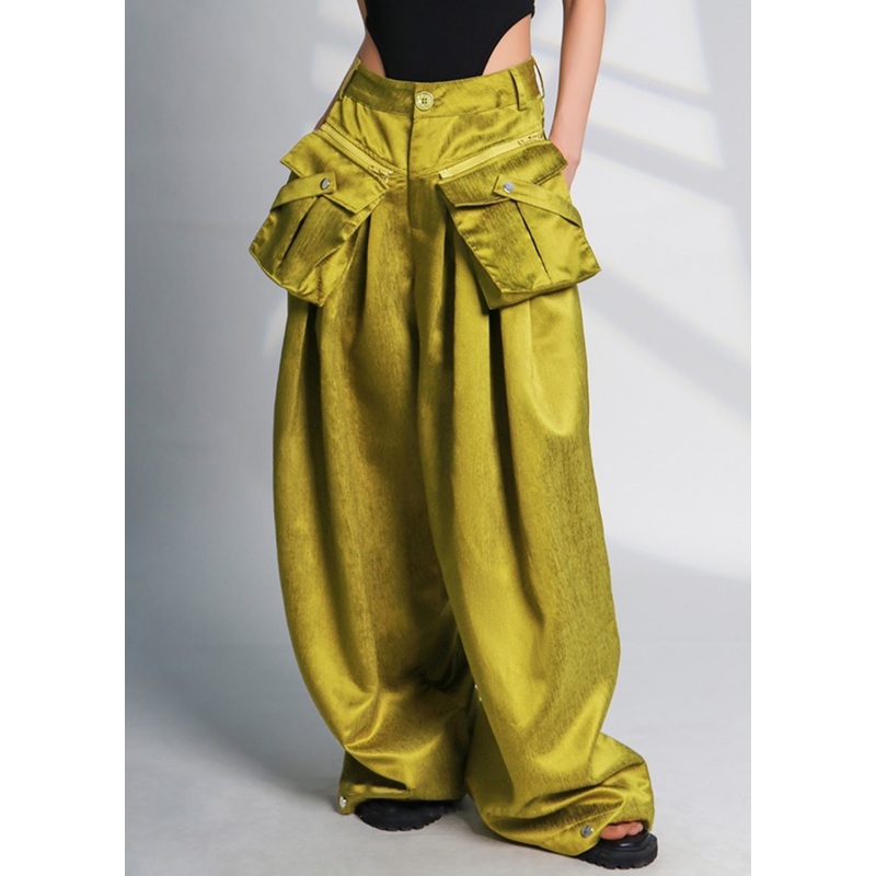 Chic Green Pockets High Waist Cotton Wide Leg Pants Spring