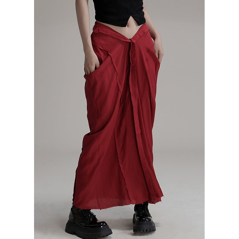 Chic Red Asymmetrical Pockets Cotton Maxi Skirts Spring
