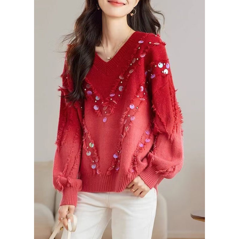 Chic Red Gradient V Neck Tassel Sequins Knit Sweater Tops Spring