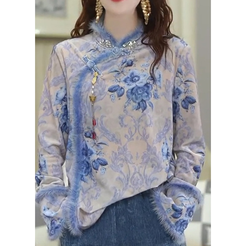 Chinese Style Blue Print Oriental Button Patchwork Silk Top Spring