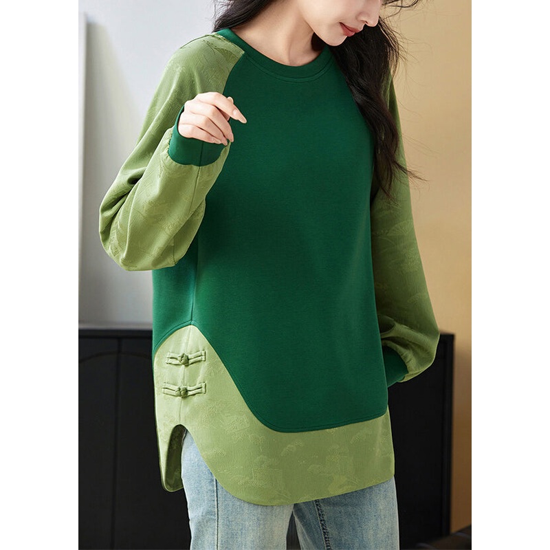 Chinese Style Green O Neck Jacquard Patchwork Cotton Sweatshirts Top Spring