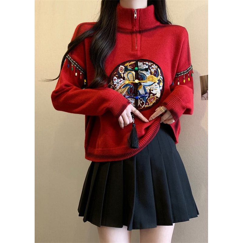 Chinese Style Red Hign Neck Embroidered Knit Sweaters Spring