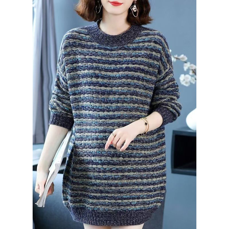 Classy Blue O Neck Striped Woolen Knit Sweaters Spring