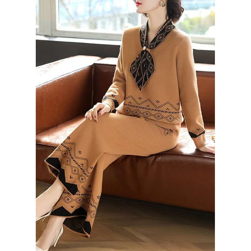 Classy Khaki Bow Woolen Two Piece Set Women Clothing Spring