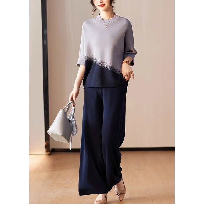 Classy Navy Tops And Pants Ice Silk Two Pieces Set Spring
