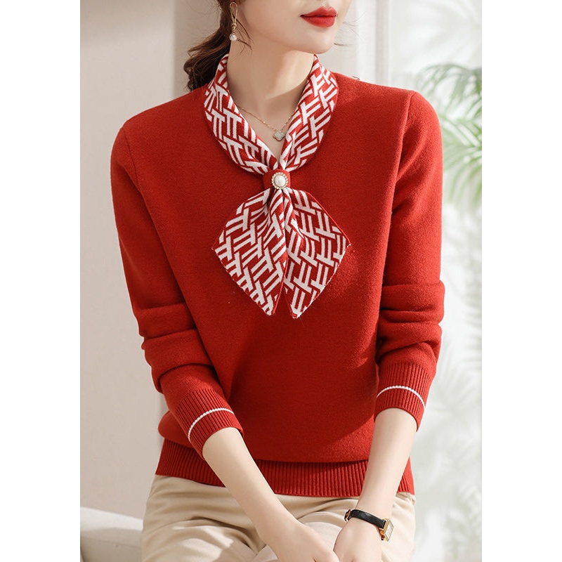 Classy Red Bow Thick Warm Fleece Knit Sweaters Spring