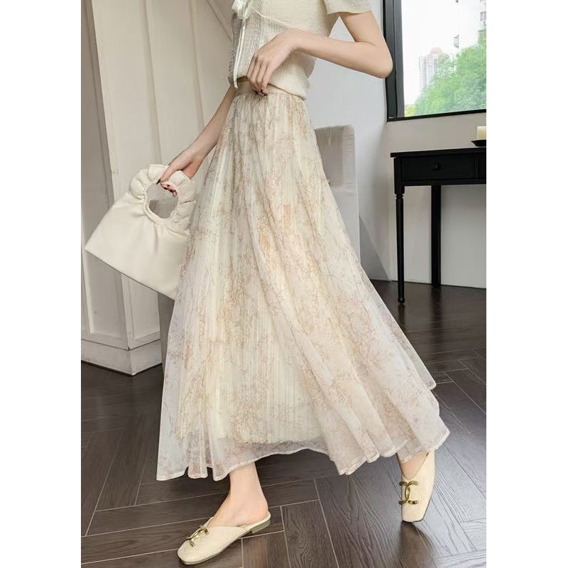 Elegant Apricot Print Elastic Waist Chiffon Skirts Summer