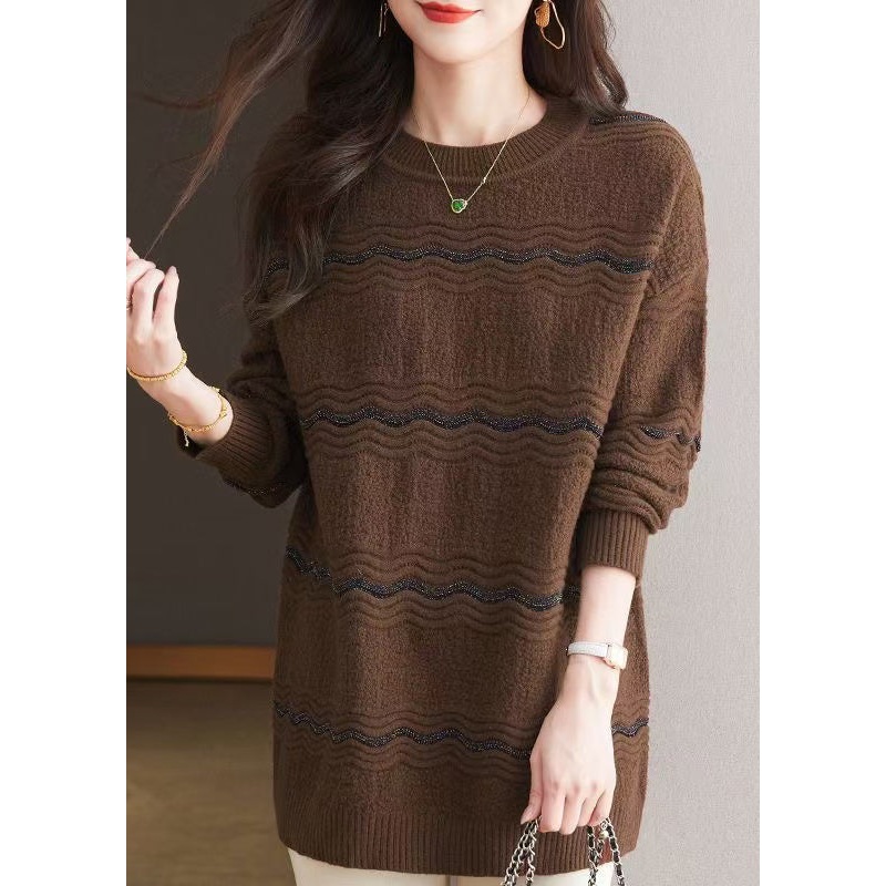 Elegant Coffee O Neck Woolen Mid Sweater Spring