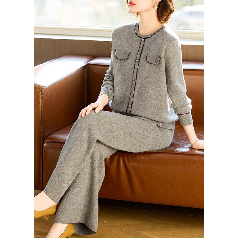 Elegant Grey O Neck Tops And Pants Wool Two Pieces Set Spring