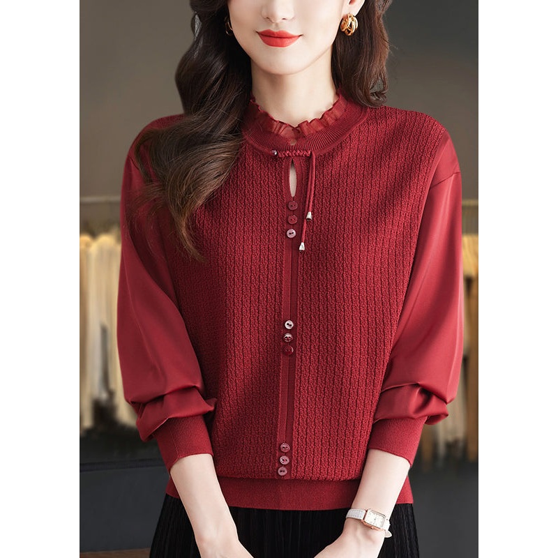 Elegant Mulberry Ruffled Patchwork Knit Sweater Tops Spring