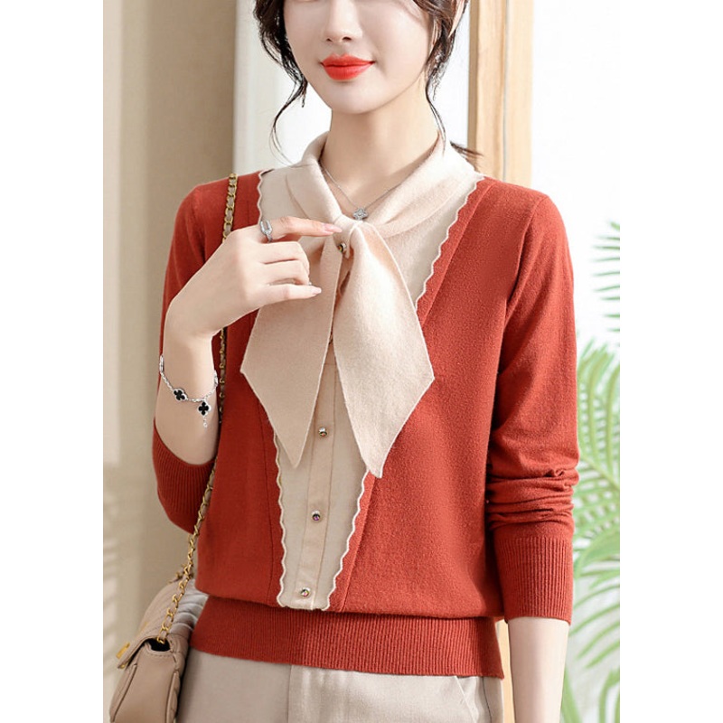 Elegant Orange Bow Patchwork Knit Sweaters Spring