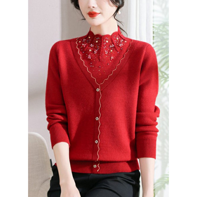 Elegant Red Zircon False Two Pieces Woolen Short Sweater Spring