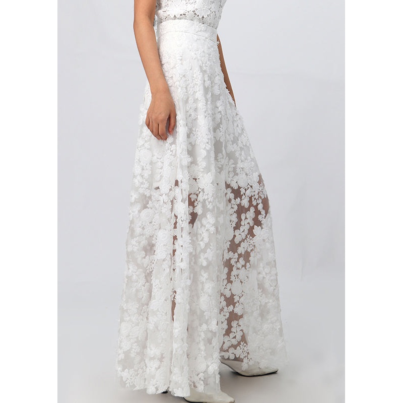 Elegant White Zippered High Waist Lace Skirt Summer