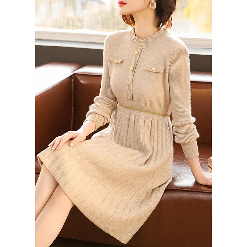 Fashion Apricot Ruffled Patchwork Knit Dress Spring