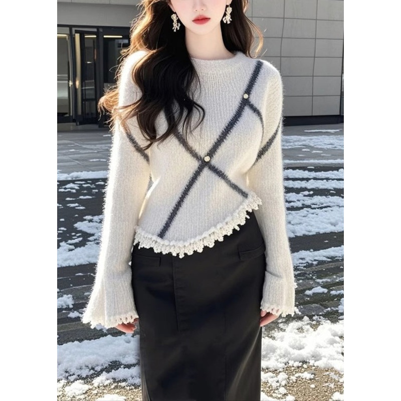 Fashion Beige O Neck Patchwork Knit Sweaters Flare Sleeve