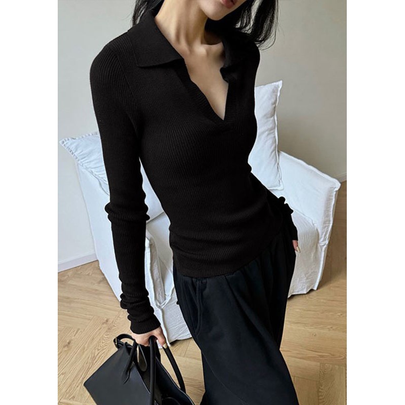 Fashion Black Peter Pan Collar Slim Fit Knit Top Spring