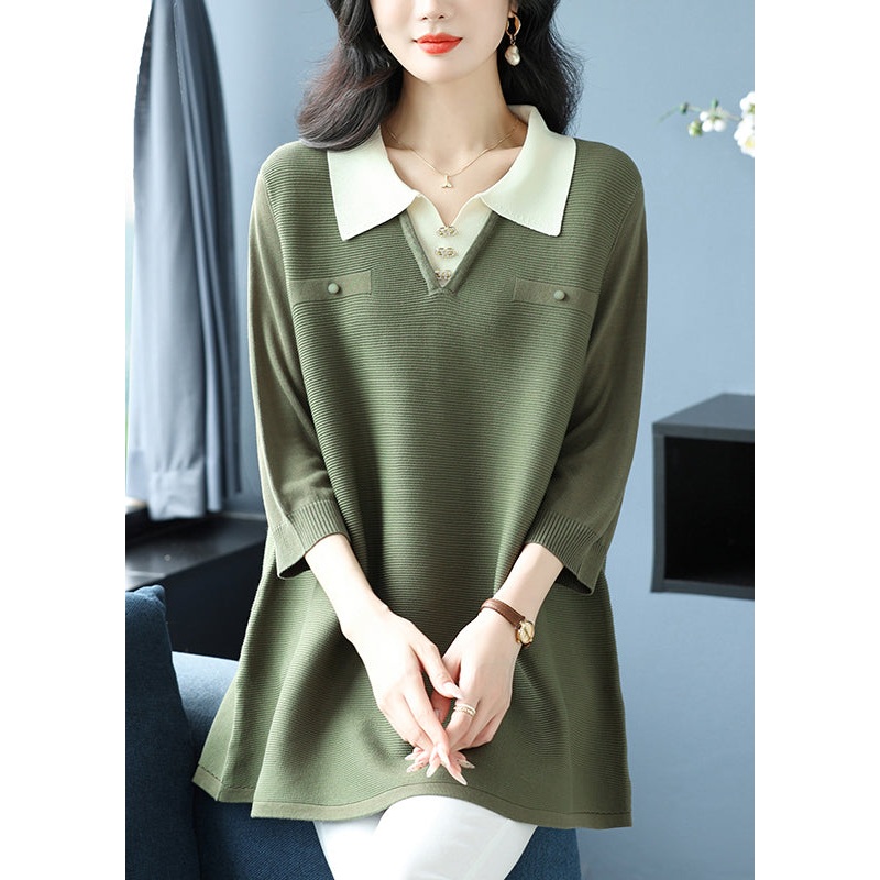 Fashion Green Peter Pan Collar Patchwork Ice Silk Tops Bracelet Sleeve