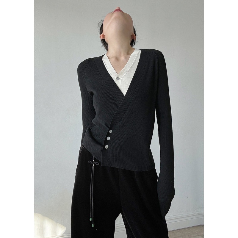 Fitted Black V Neck Asymmetrical Design Knit Two Piece Set Spring
