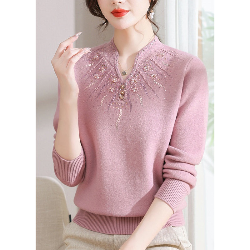 Fitted Pink O Neck Zircon Warm Fleece Knit Sweaters Spring