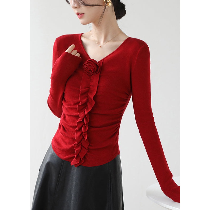 Fitted Red V Neck Ruffled Floral Knit Top Spring