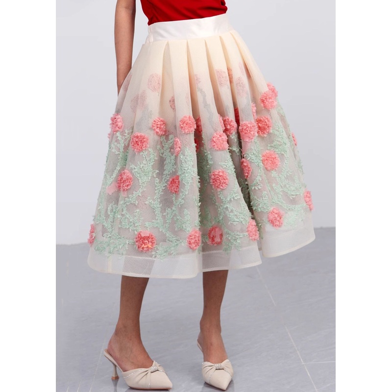 Floral Hollow Out Pockets Patchwork Tulle Skirt Summer