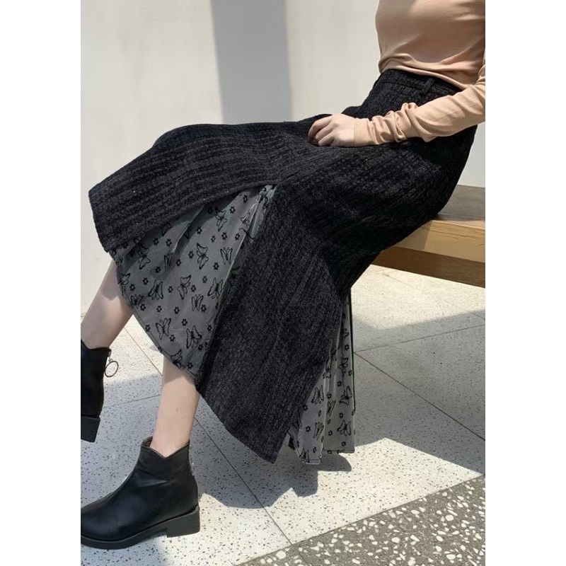 French Black High Waist Patchwork Cotton Skirts Spring