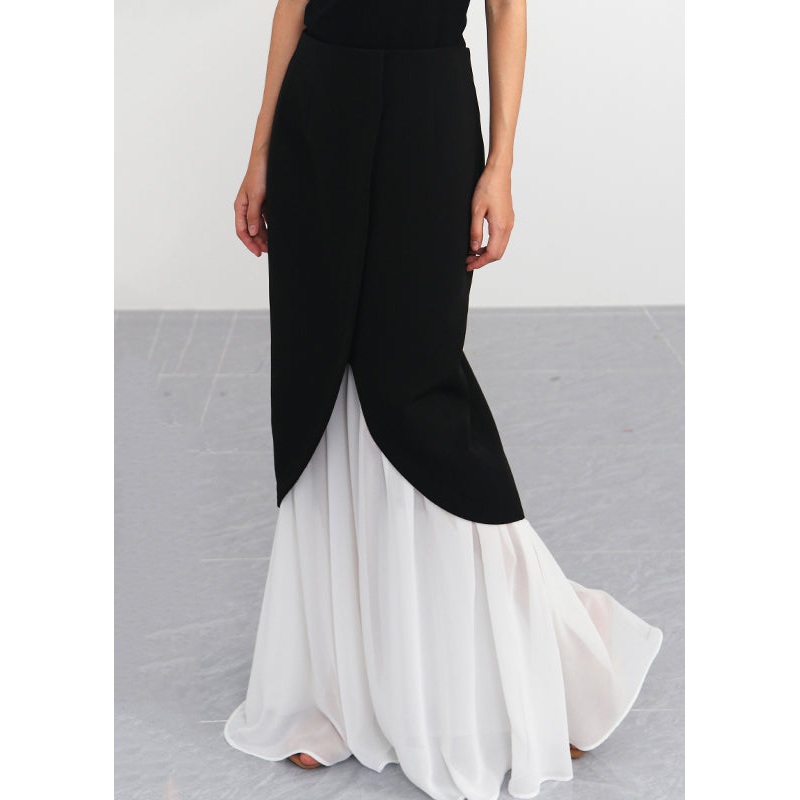 French Black High Waist Patchwork Spandex Fishtail Skirt Spring