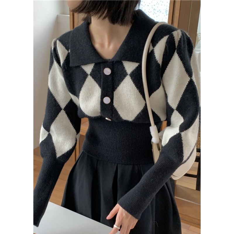 French Black Peter Pan Collar Plaid Knit Sweaters Fall