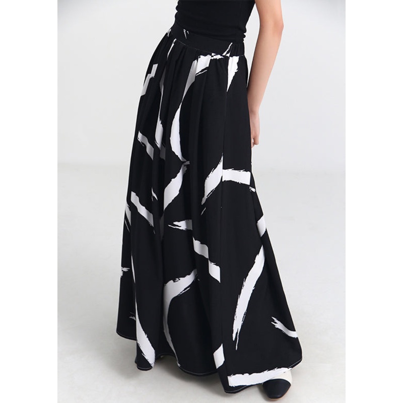 French Black Pockets Elastic Waist Cotton Maxi Skirts Spring
