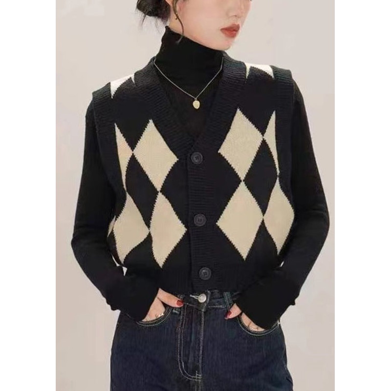 French Black V Neck Button Patchwork Knit Waistcoat Sleeveless