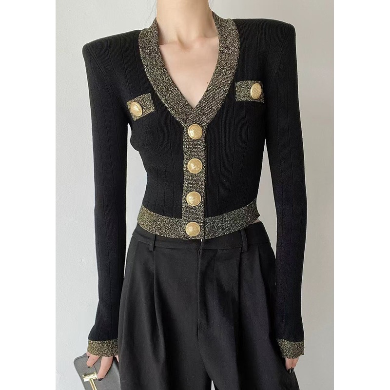 French Black V Neck Button Short Woolen Cardigan Spring