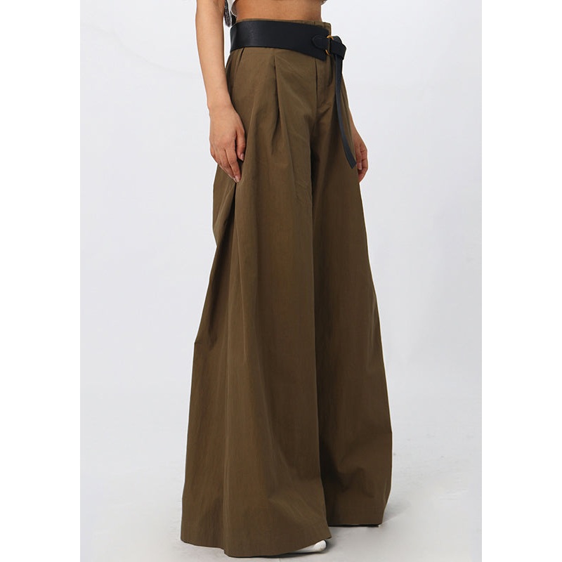 French Brown High Waist Patchwork Cotton Wide Leg Pants Spring