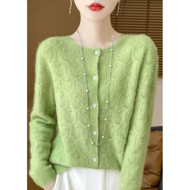 French Green O Neck Button Hollow Out Wool Cardigan Spring