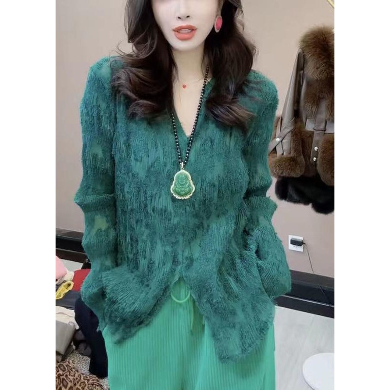 French Green V Neck Jacquard Lace T Shirt Spring