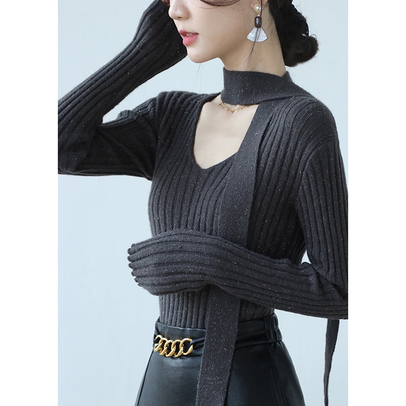 French Grey V Neck Ribbon Knit Sweaters Spring
